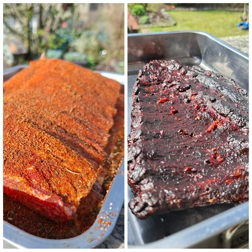 Vorher/Nachher von Spare-Rips. Erst mit Rub, später fertig gegrillt.