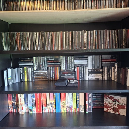 Ein Foto aus einem Bücherregal. In den oberen Reihen stehen CDs in ordentlicher Anordnung. In den unteren Reihen Bücher in ebensolcher. Dazwischen stehen Musikkassetten in eher unorthodoxer Würfelung.